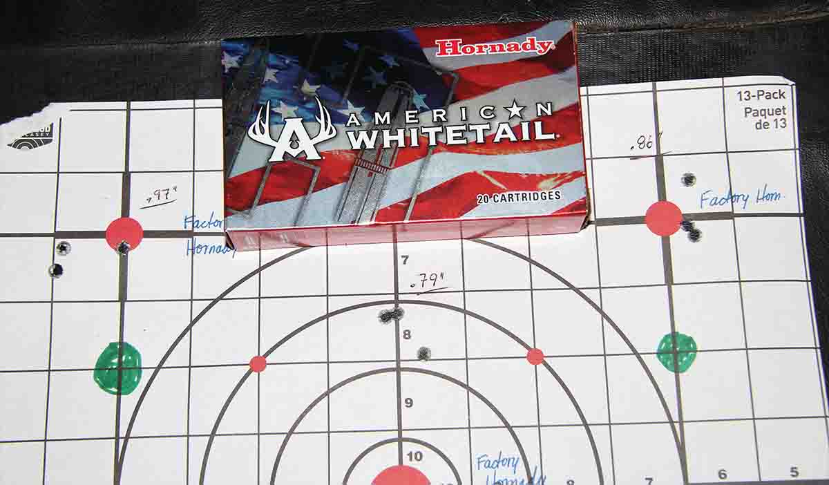 Of the four factory loads tested, Hornady’s American Whitetail produced the tightest average groups – .87 inch at an average 2,758 fps.